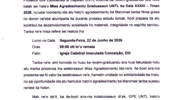 Misa Agradesimentu Graduasaun UNTL ba Dala XXXIV, Tinan 2026